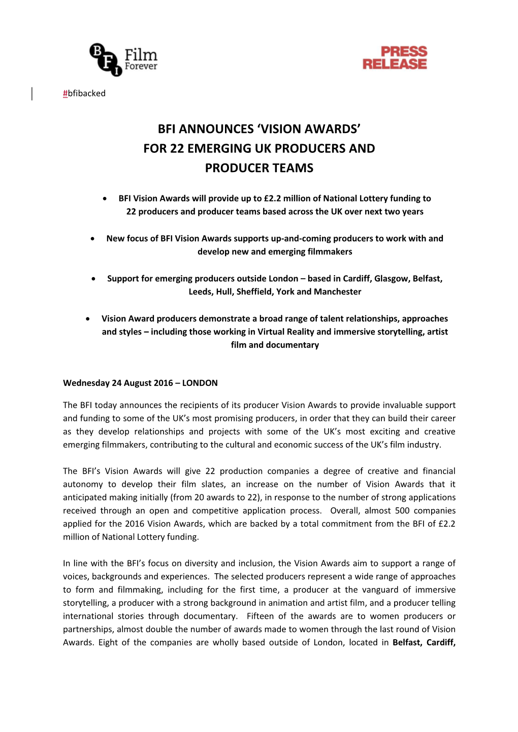 Bfi Announces 'Vision Awards' for 22 Emerging Uk