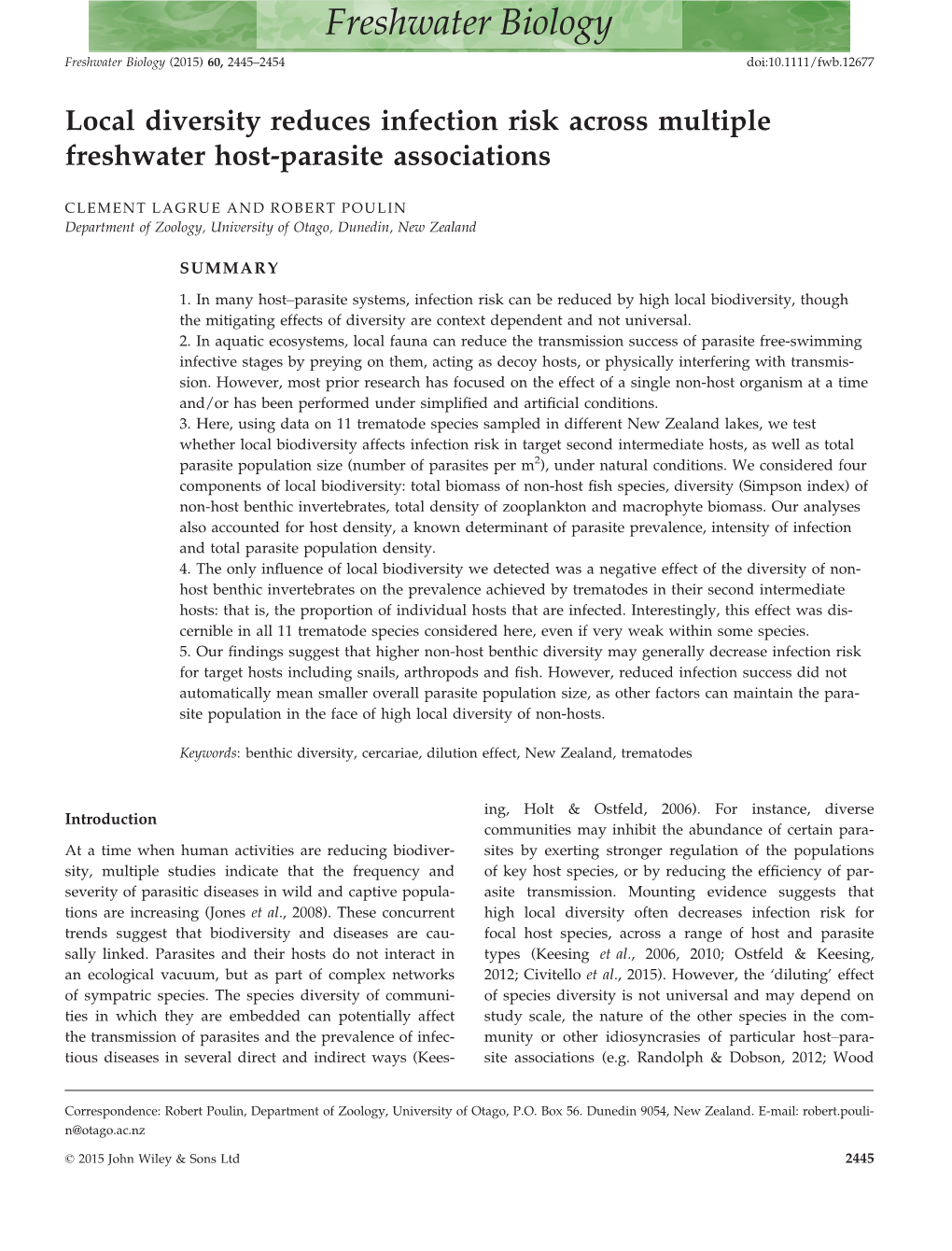 Local Diversity Reduces Infection Risk Across Multiple Freshwater Host-Parasite Associations