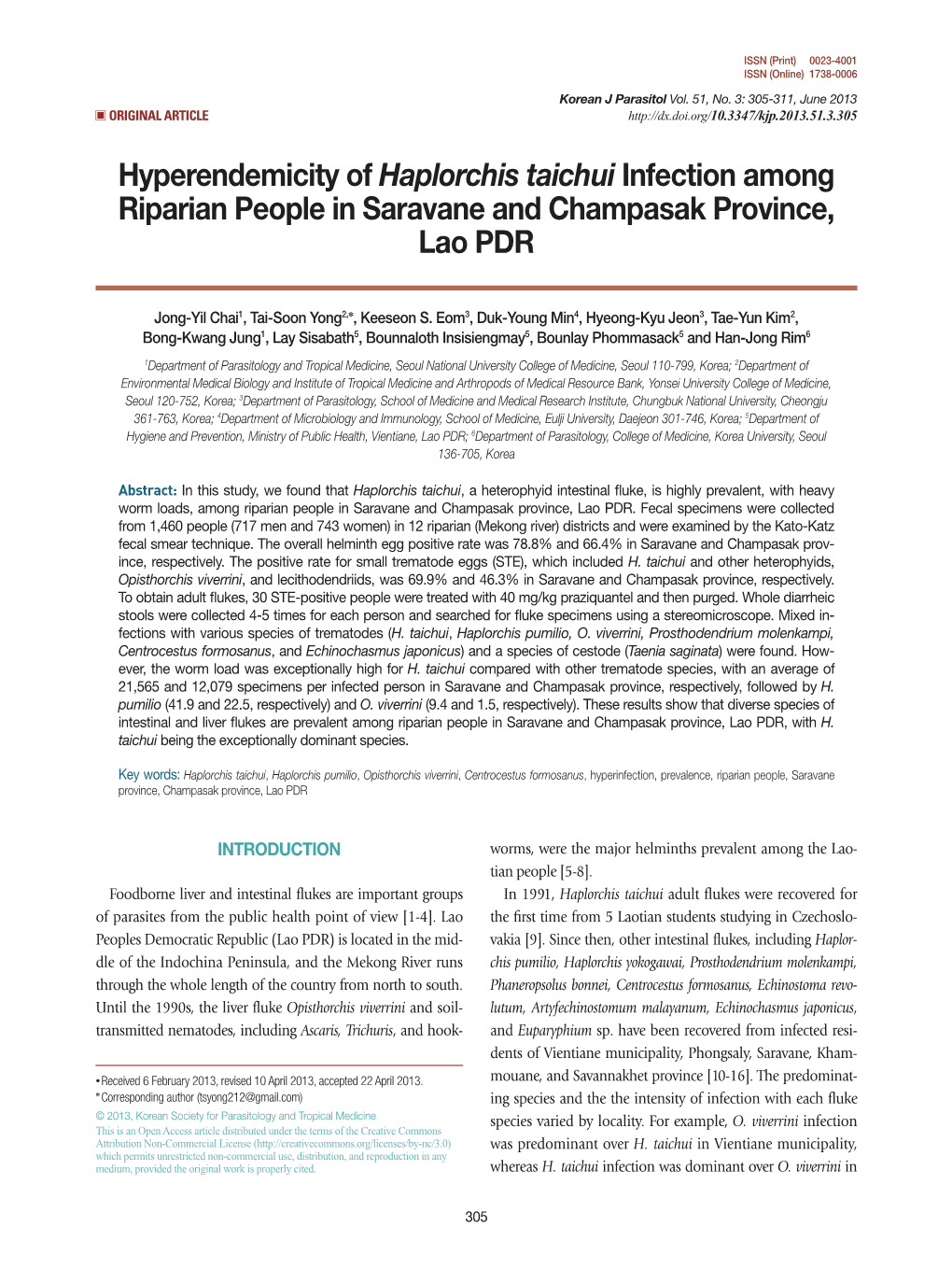 Haplorchis Taichui Infection Among Riparian People in Saravane and Champasak Province, Lao PDR