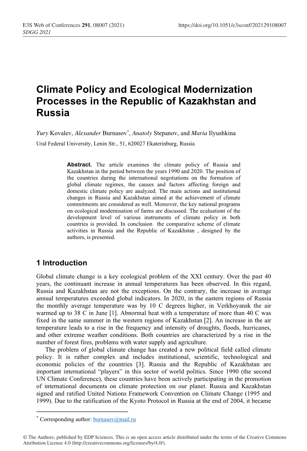 Climate Policy and Ecological Modernization Processes in the Republic of Kazakhstan and Russia