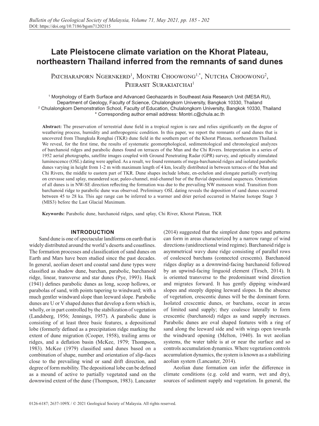 Late Pleistocene Climate Variation on the Khorat Plateau, Northeastern