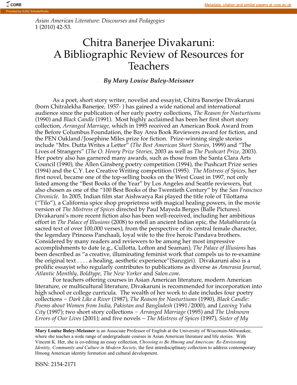 Chitra Banerjee Divakaruni: a Bibliographic Review of Resources for Teachers by Mary Louise Buley-Meissner