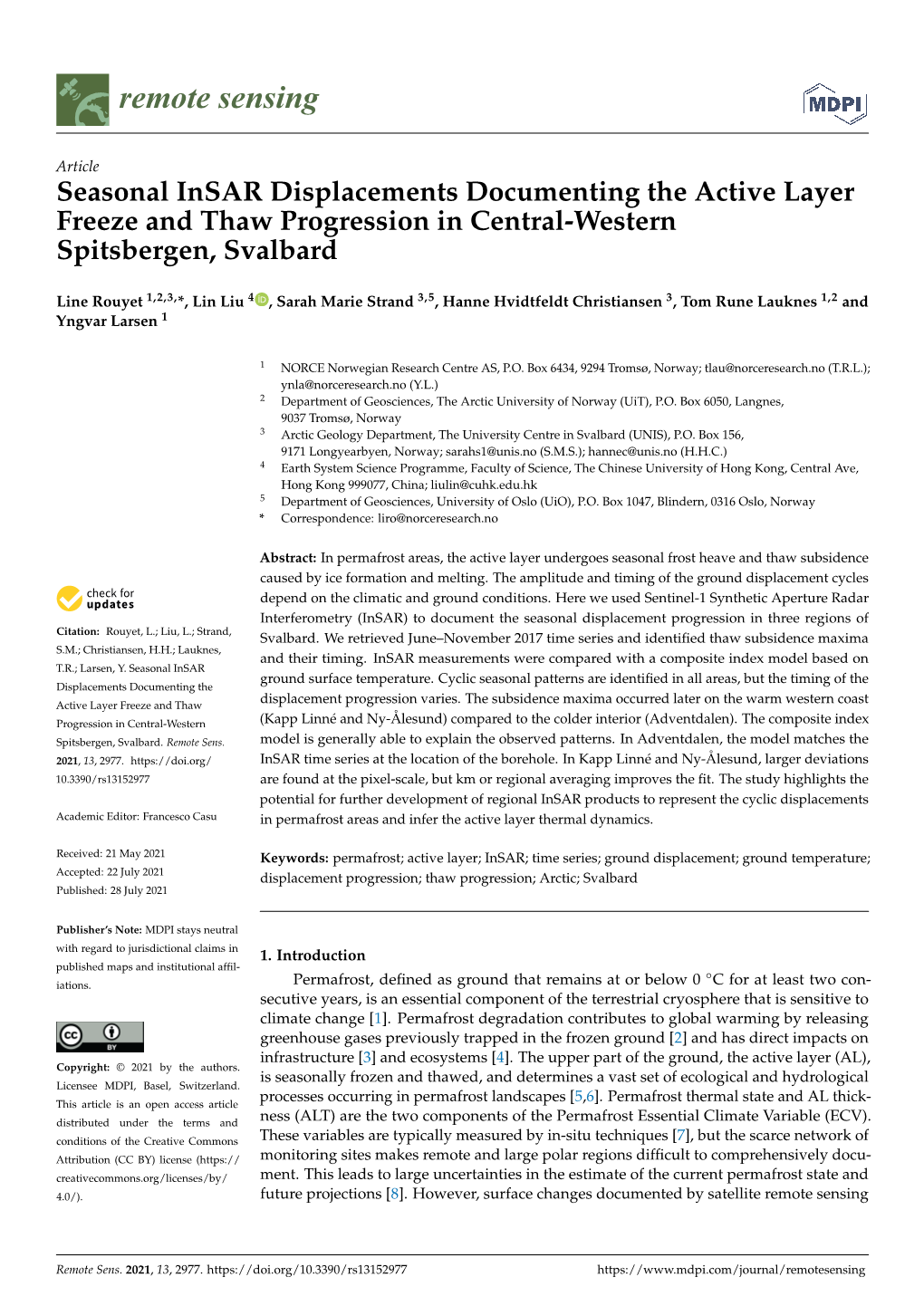 Seasonal Insar Displacements Documenting the Active Layer Freeze and Thaw Progression in Central-Western Spitsbergen, Svalbard