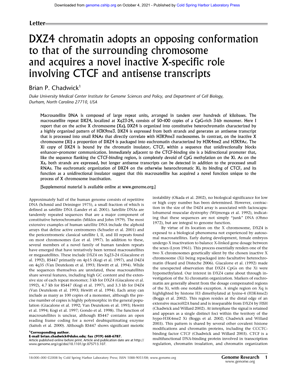 DXZ4 Chromatin Adopts an Opposing Conformation to That of The