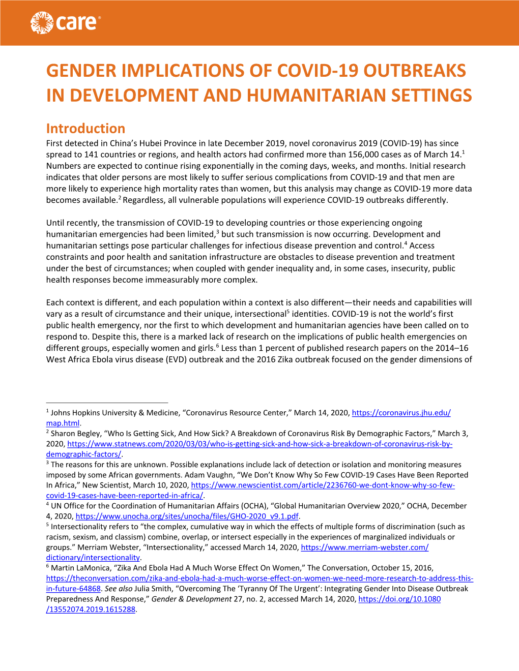 Gender Implications of Covid-19 Outbreaks in Development and Humanitarian Settings