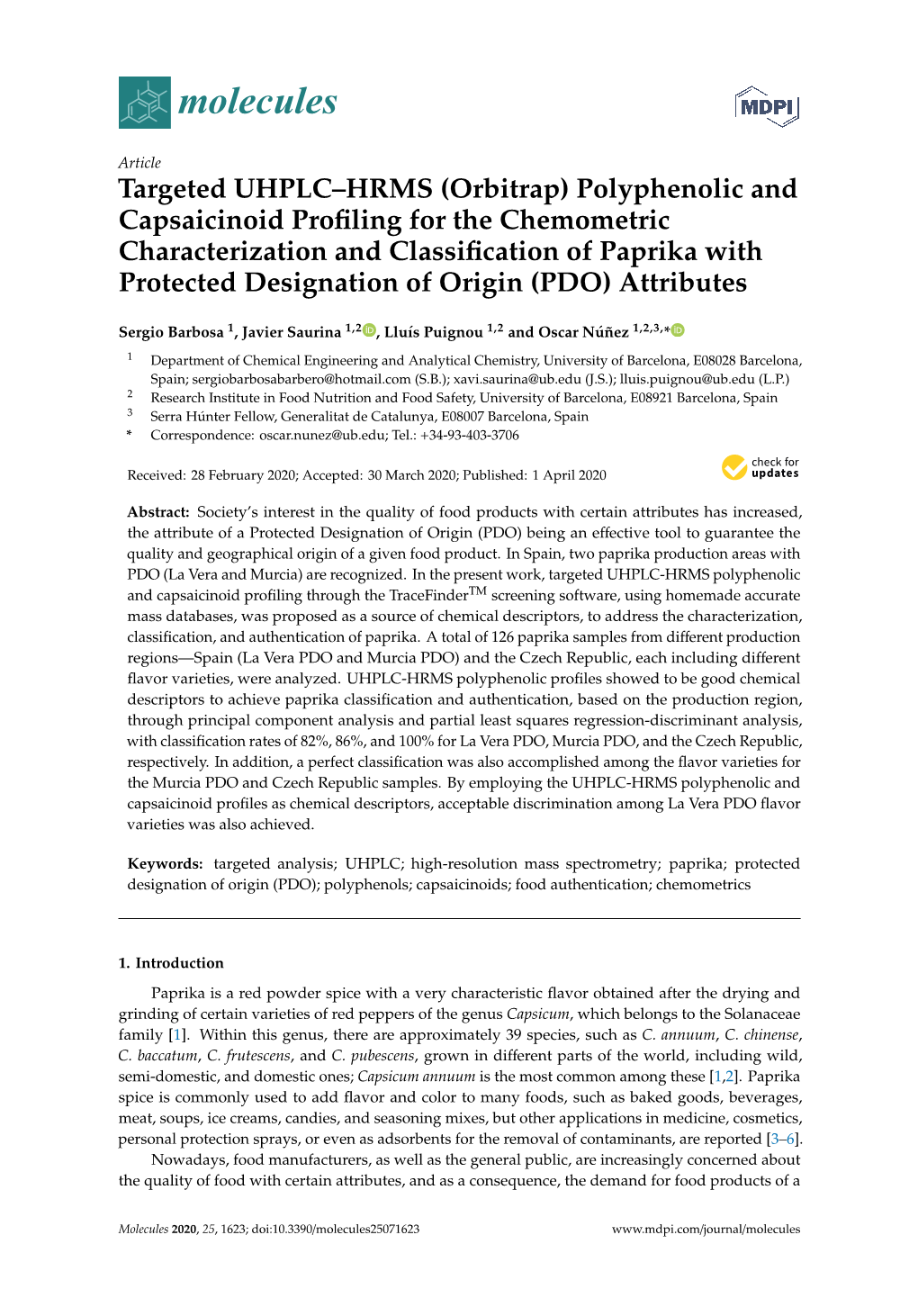 Targeted UHPLC–HRMS (Orbitrap) Polyphenolic and Capsaicinoid Profiling for the Chemometric Characterization and Classification of Paprika with Protected Designation Of