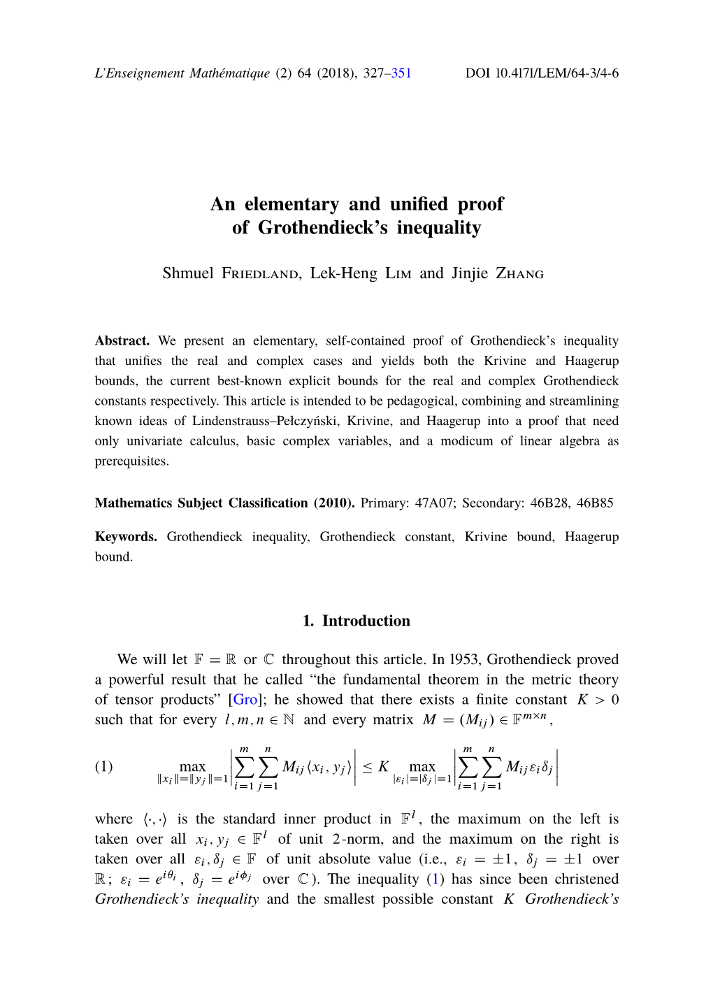 An Elementary and Unified Proof of Grothendieck's Inequality