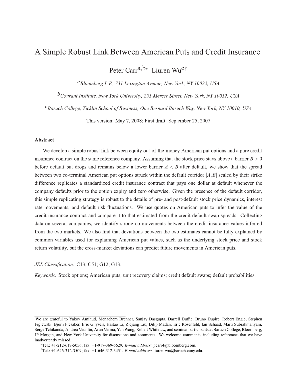 A Simple Robust Link Between American Puts and Credit Insurance