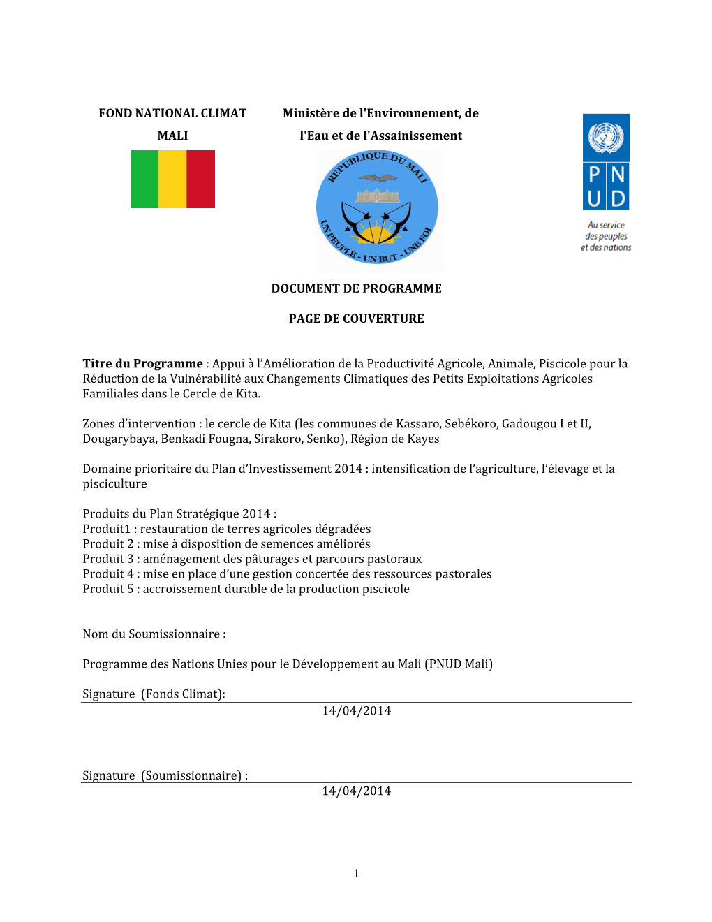 1 FOND NATIONAL CLIMAT MALI Ministère De L'environnement, De L'eau Et De L'assainissement DOCUMENT DE PROGRAMME PAGE DE COUVERT