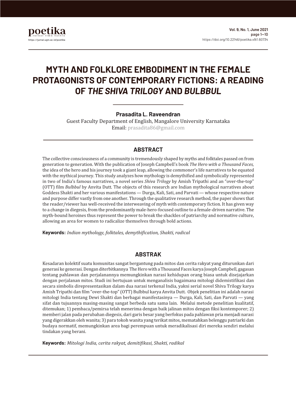 Myth and Folklore Embodiment in the Female Protagonists of Contemporary Fictions: a Reading of the Shiva Trilogy and Bulbbul