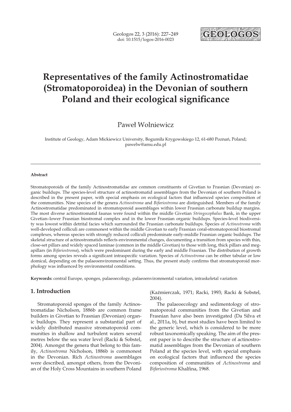 Representatives of the Family Actinostromatidae (Stromatoporoidea) in the Devonian of Southern Poland