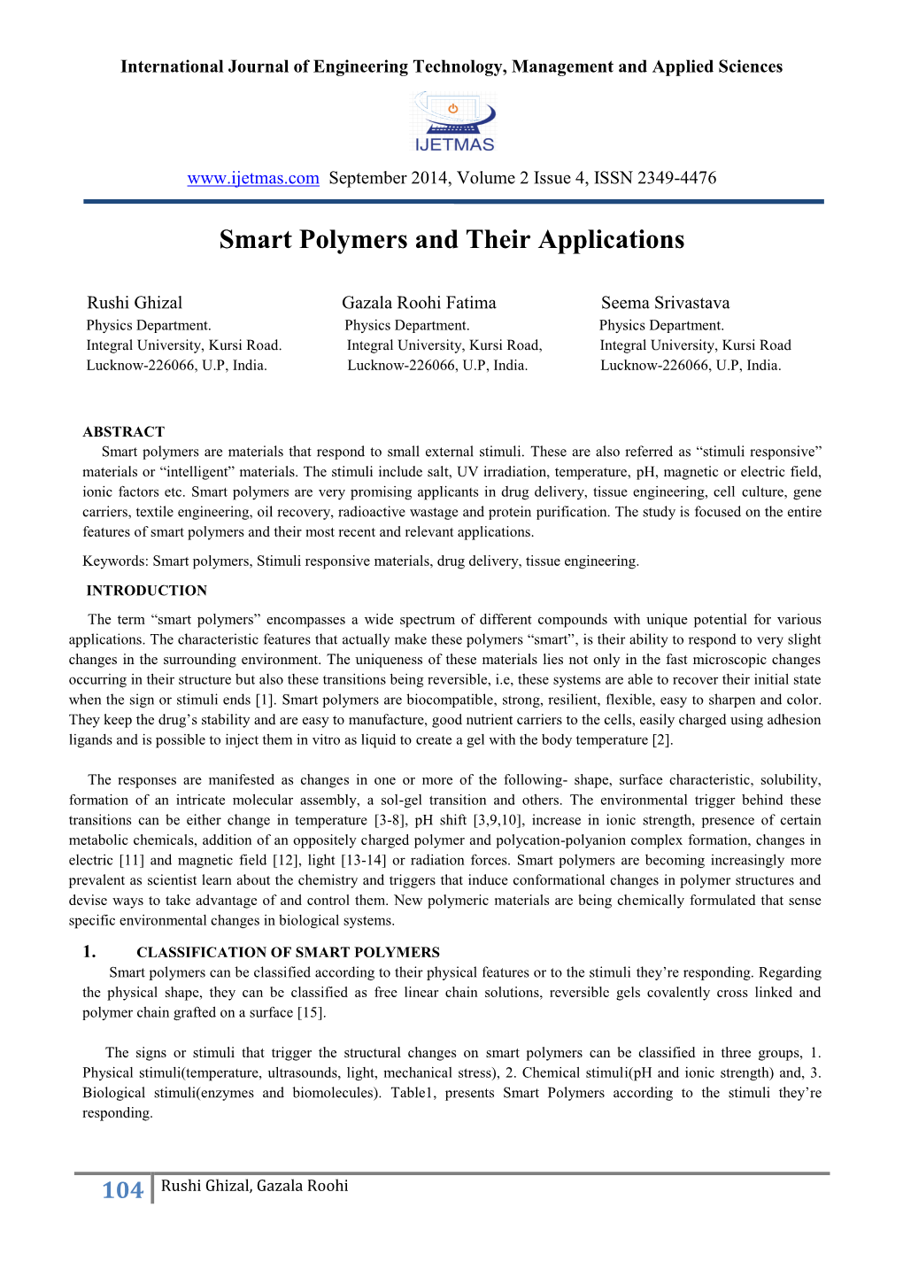 Smart Polymers and Their Applications