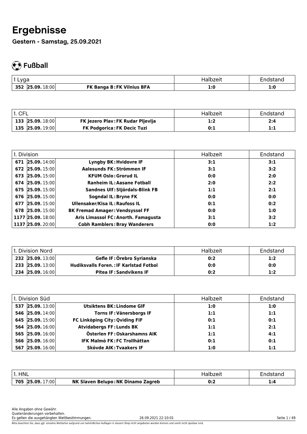 Ergebnisse Gestern - Samstag, 25.09.2021