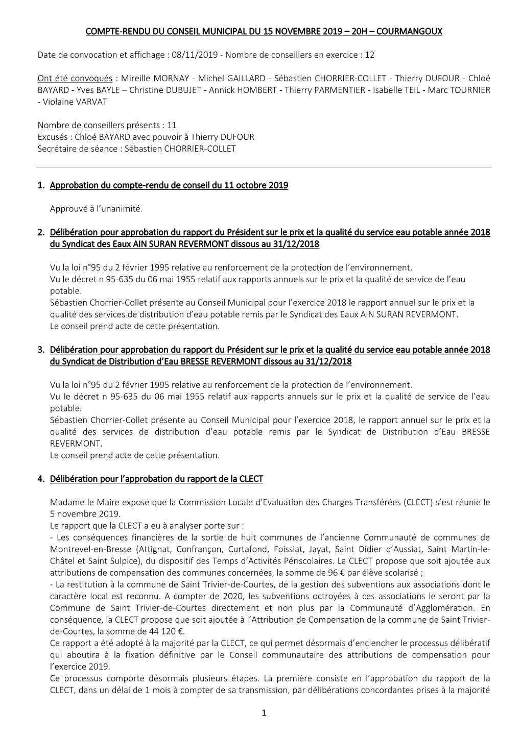 Compte-Rendu Du Conseil Municipal Du 15 Novembre 2019 – 20H – Courmangoux