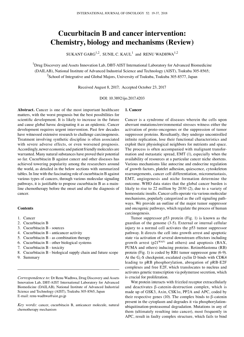 Cucurbitacin B and Cancer Intervention: Chemistry, Biology and Mechanisms (Review)