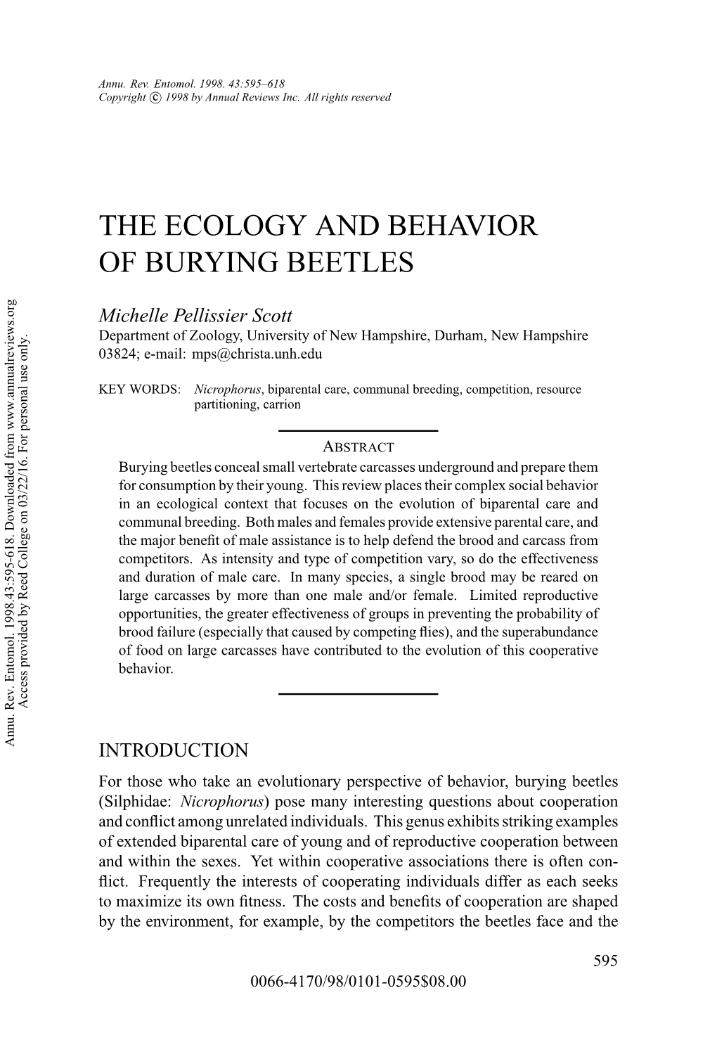 The Ecology and Behavior of Burying Beetles