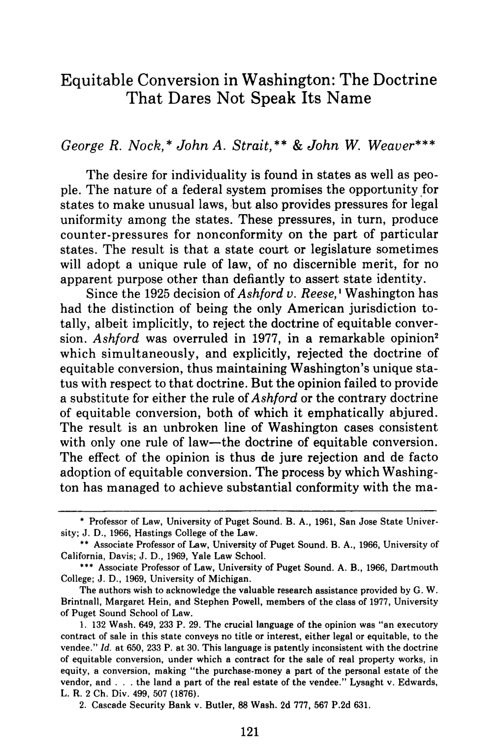 Equitable Conversion in Washington: the Doctrine That Dares Not Speak Its Name