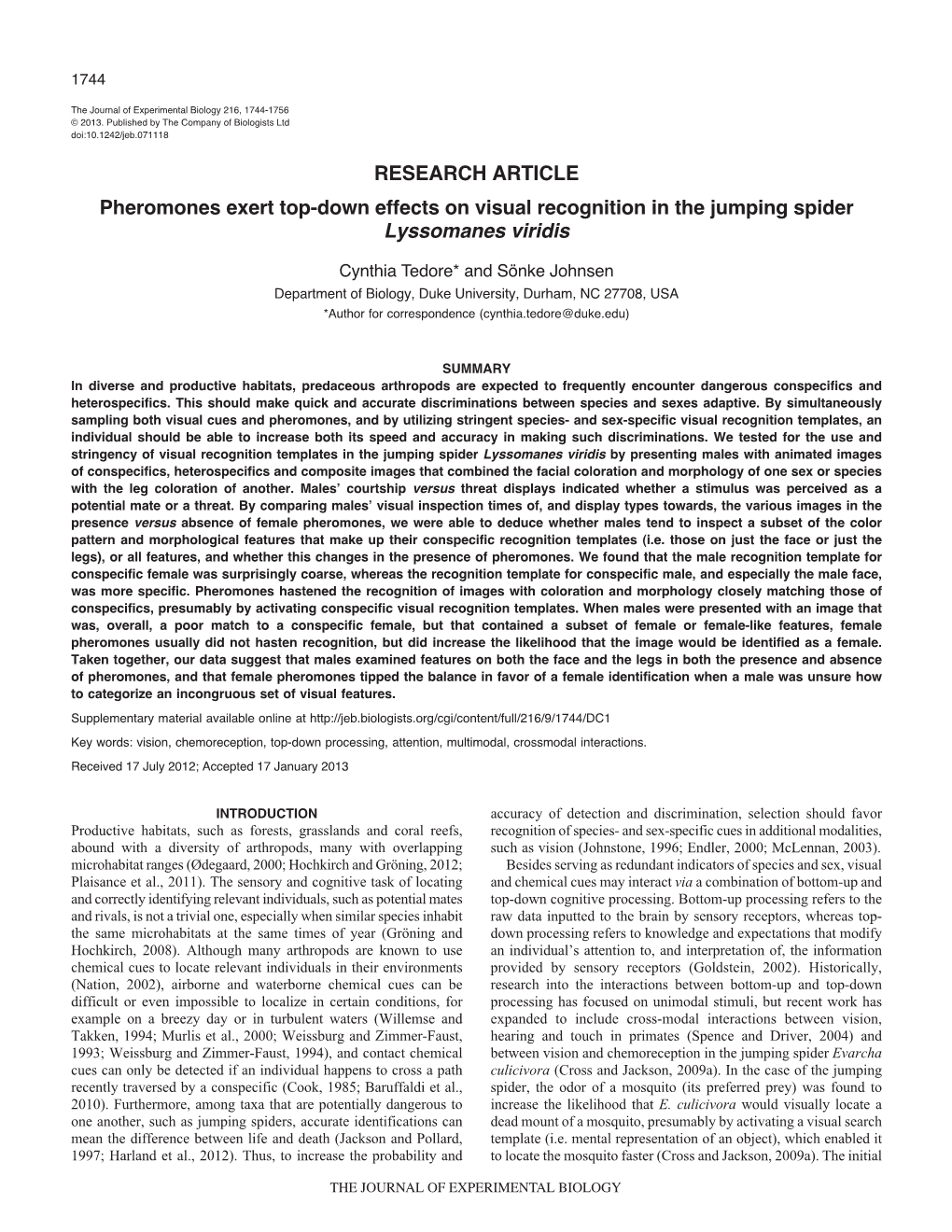 Pheromones Exert Top-Down Effects on Visual Recognition in the Jumping Spider Lyssomanes Viridis