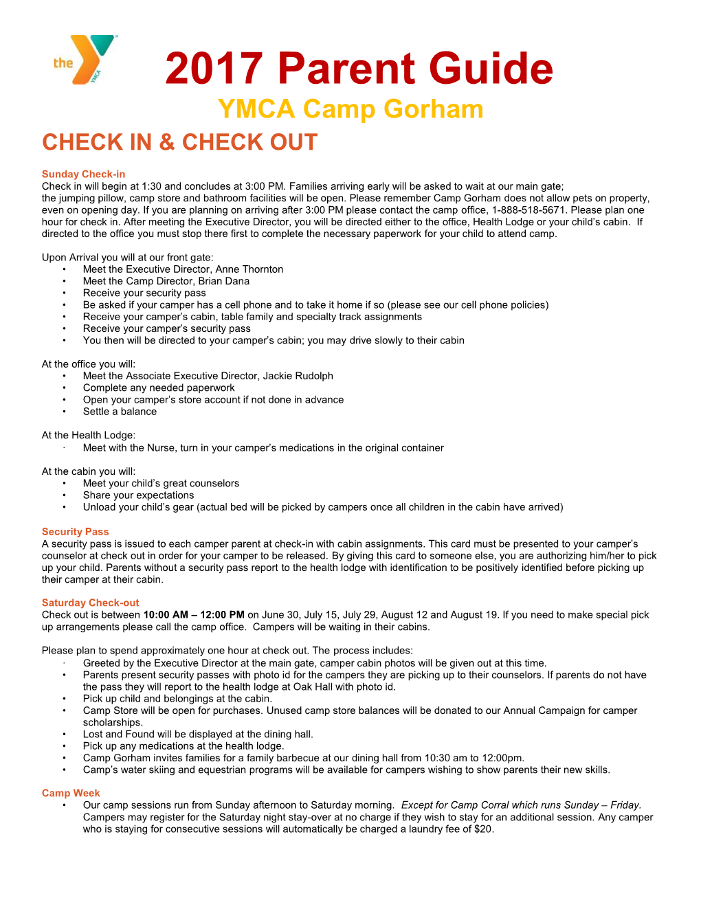 2017 Parent Guide YMCA Camp Gorham CHECK in & CHECK OUT