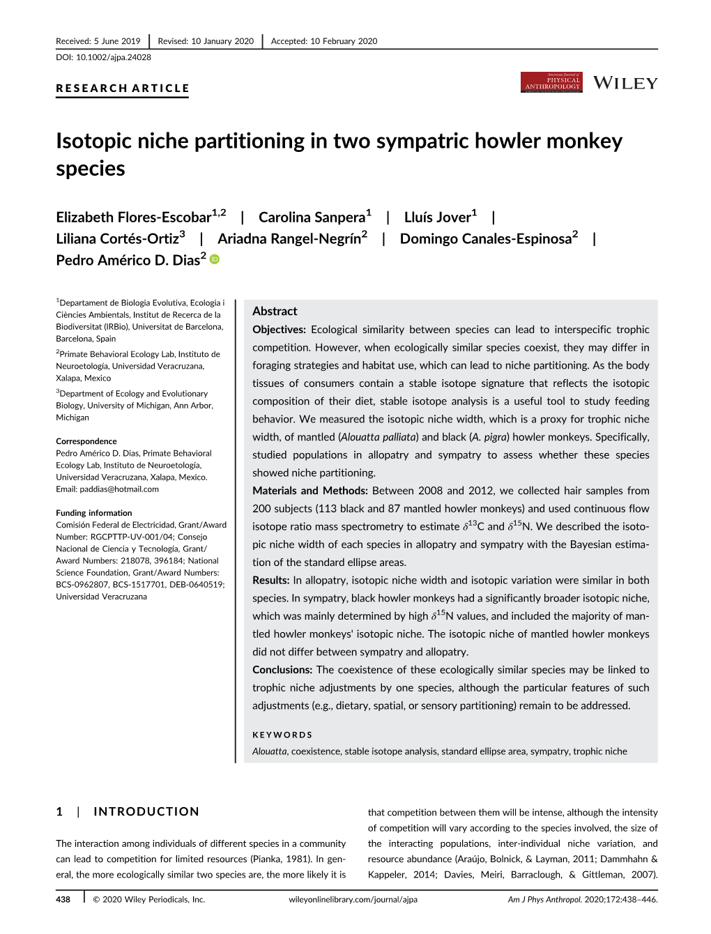 Isotopic Niche Partitioning in Two Sympatric Howler Monkey Species