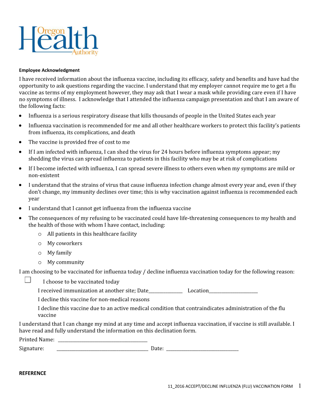 Employee Influenza (Flu) Vaccine Form