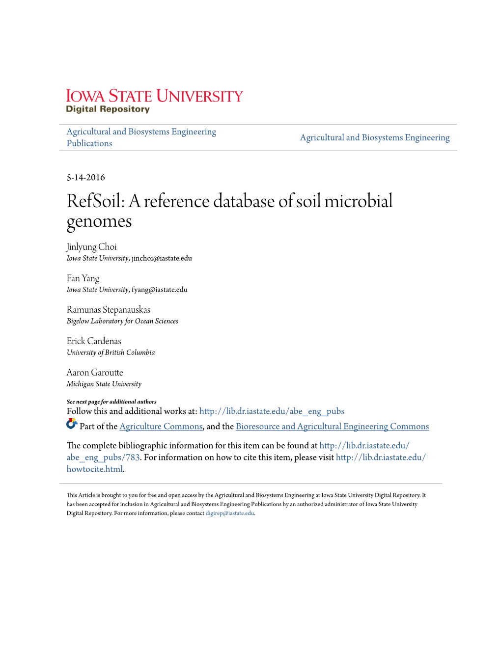 A Reference Database of Soil Microbial Genomes Jinlyung Choi Iowa State University, Jinchoi@Iastate.Edu