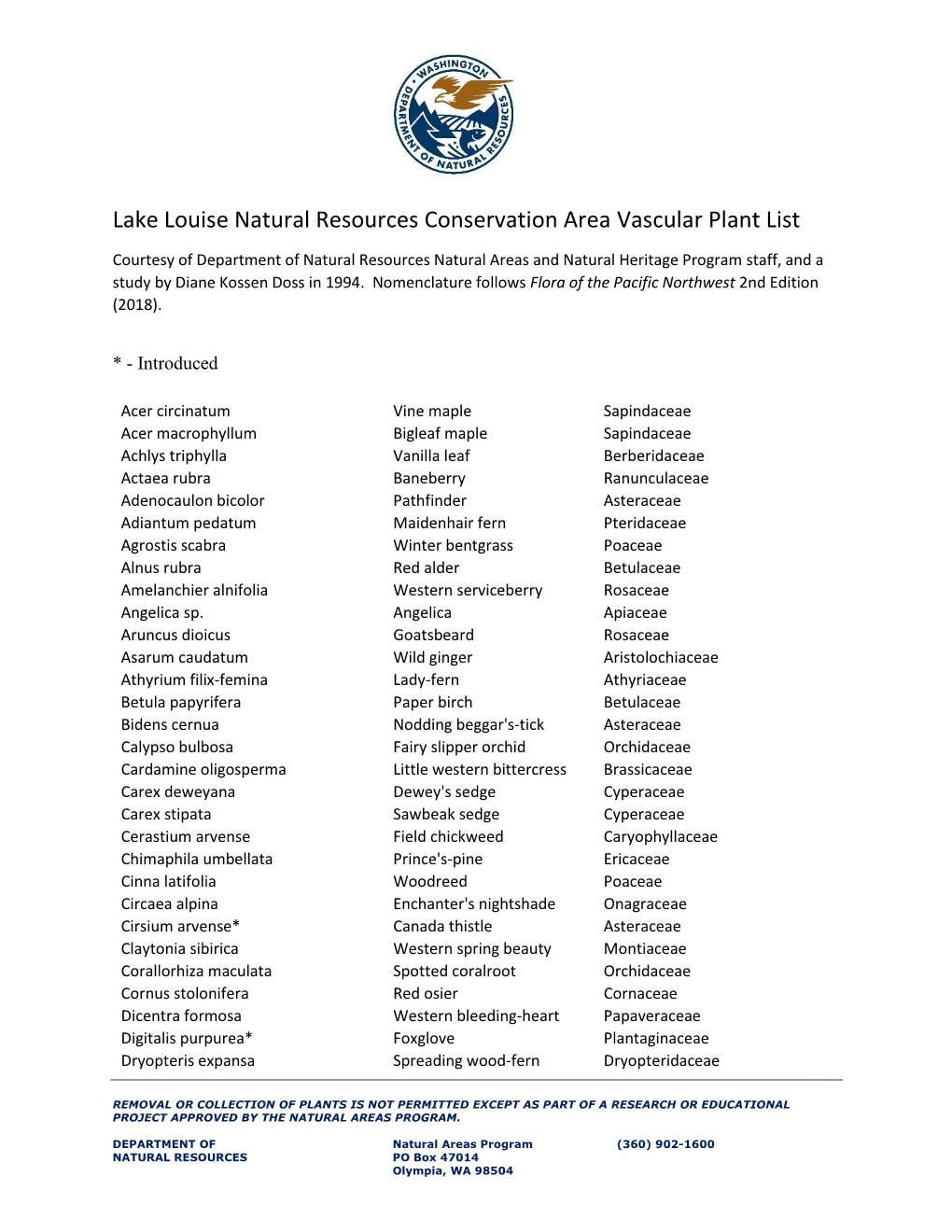 Lake Louise Natural Resources Conservation Area Vascular Plant List