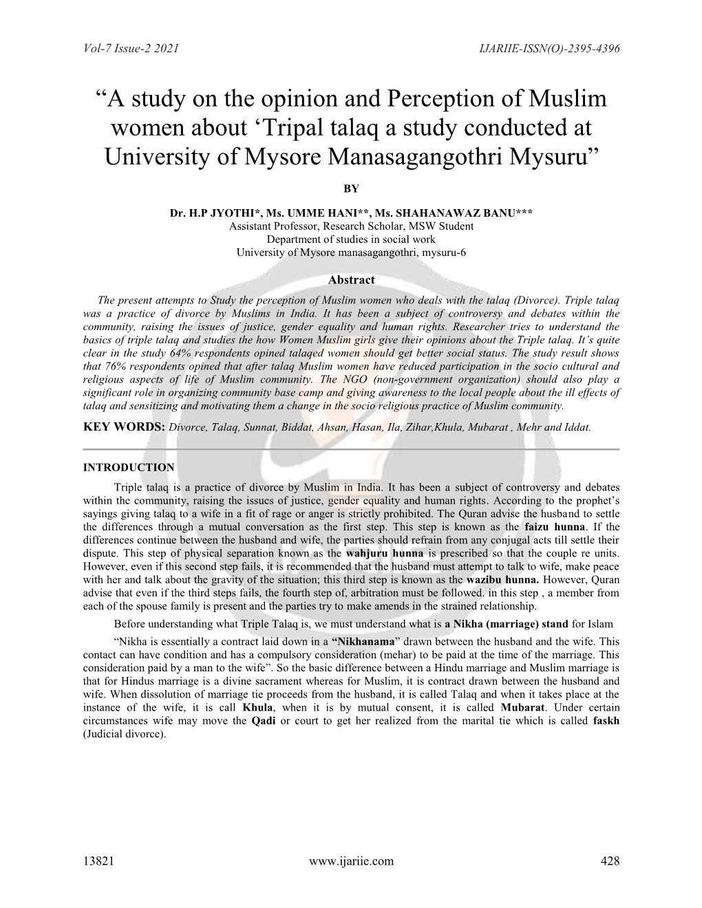 A Study on the Opinion and Perception of Muslim Women About ‘Tripal Talaq a Study Conducted at University of Mysore Manasagangothri Mysuru”