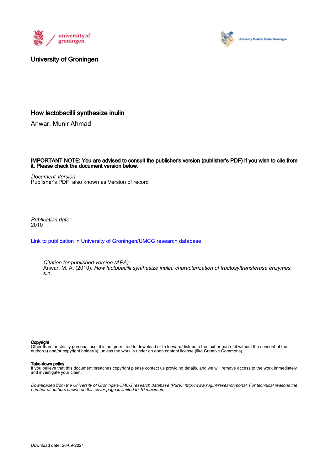 University of Groningen How Lactobacilli Synthesize Inulin Anwar