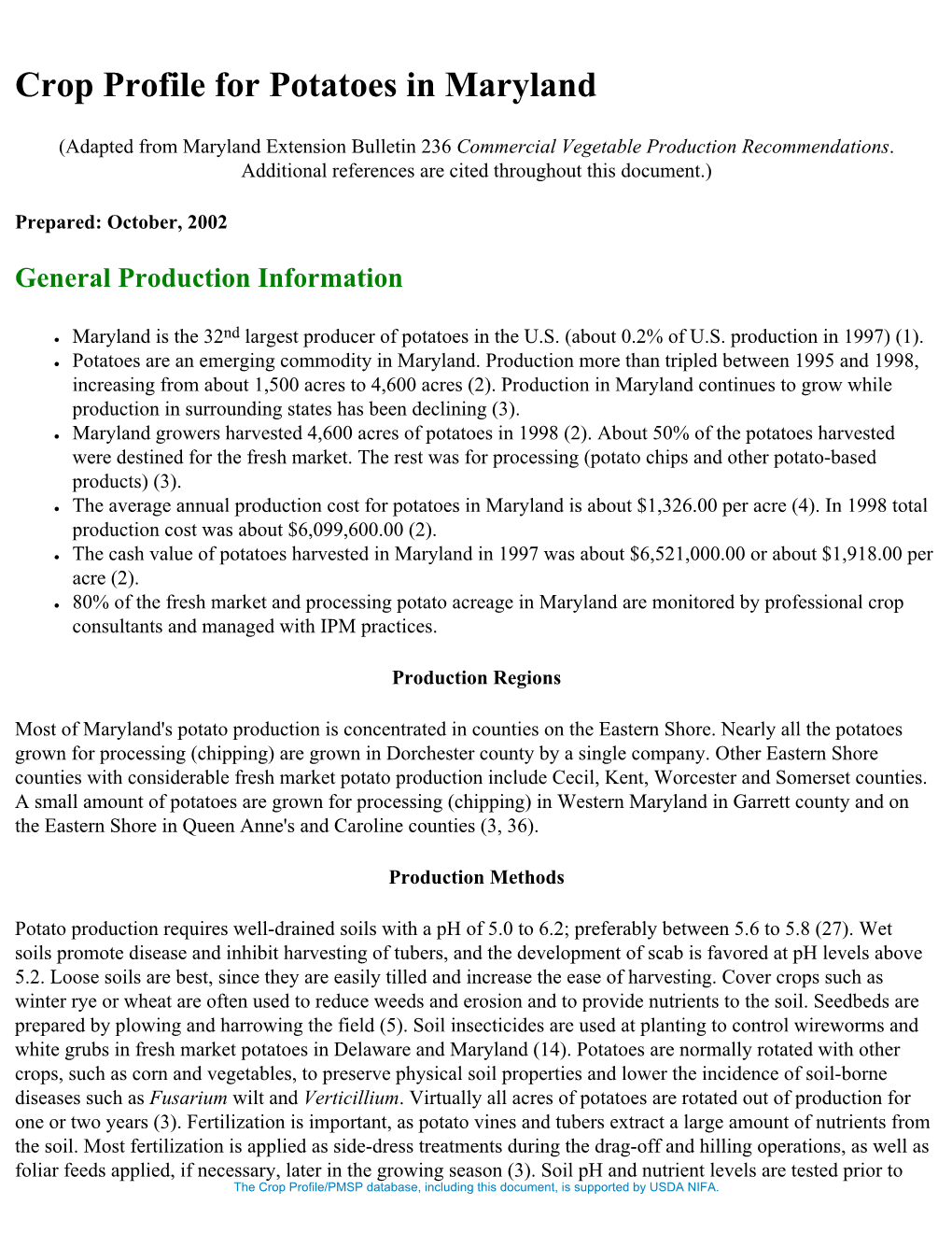 Crop Profile for Potatoes in Maryland