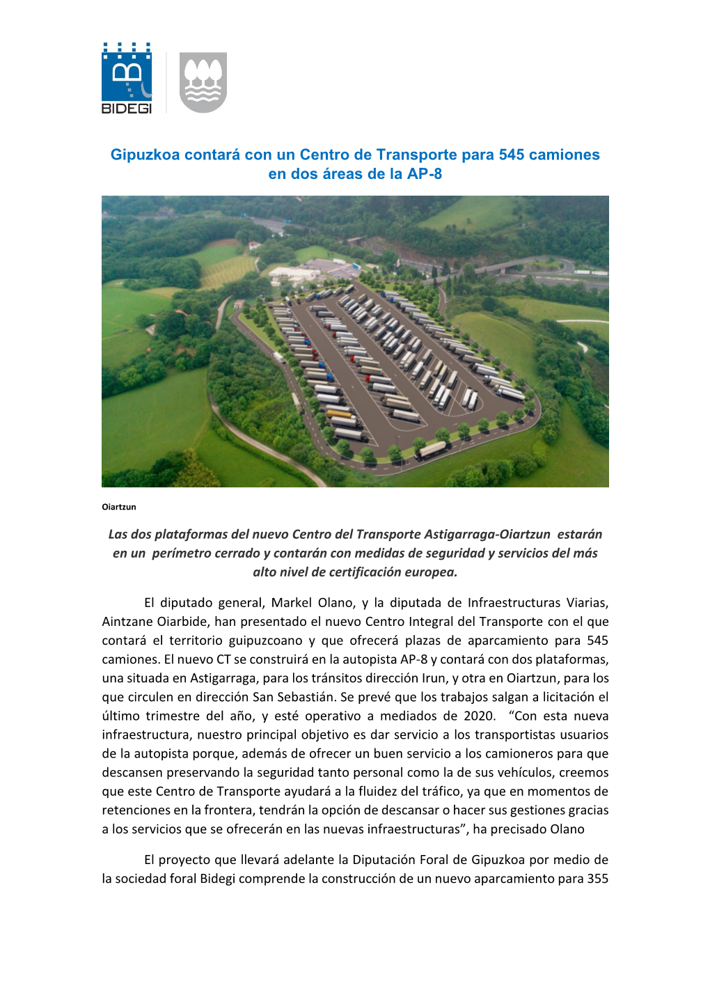 Gipuzkoa Contará Con Un Centro De Transporte Para 545 Camiones En Dos Áreas De La AP-8