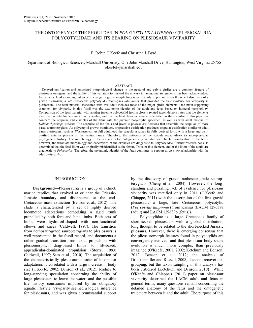 The Ontogeny of the Shoulder in Polycotylus Latipinnus (Plesiosauria: Polycotylidae) and Its Bearing on Plesiosaur Viviparity