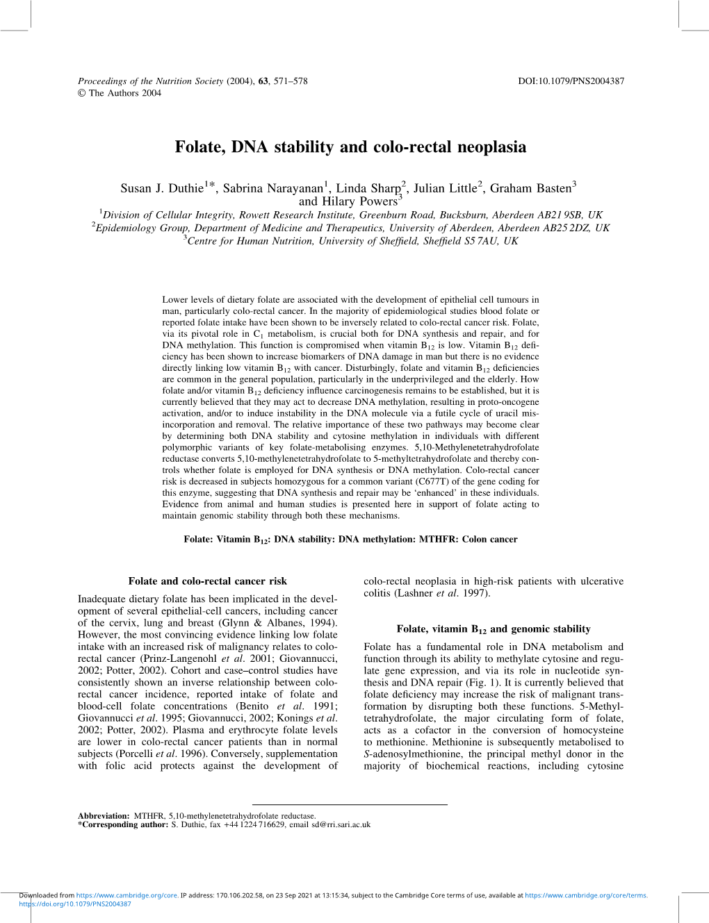 Folate, DNA Stability and Colo-Rectal Neoplasia