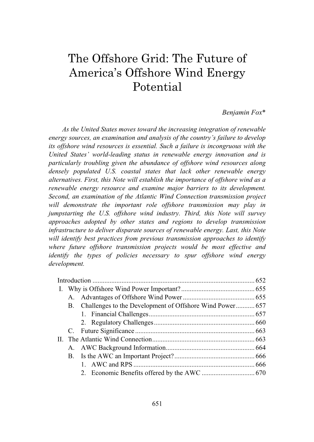 The Offshore Grid: the Future of America's Offshore Wind Energy