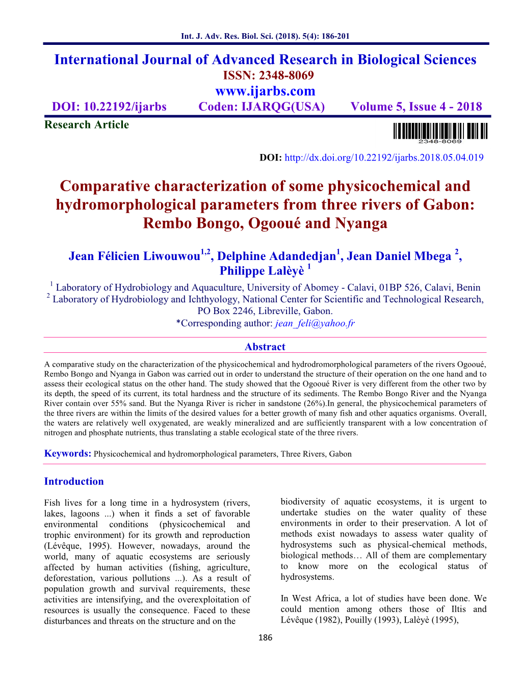 Comparative Characterization of Some Physicochemical and Hydromorphological Parameters from Three Rivers of Gabon: Rembo Bongo, Ogooué and Nyanga