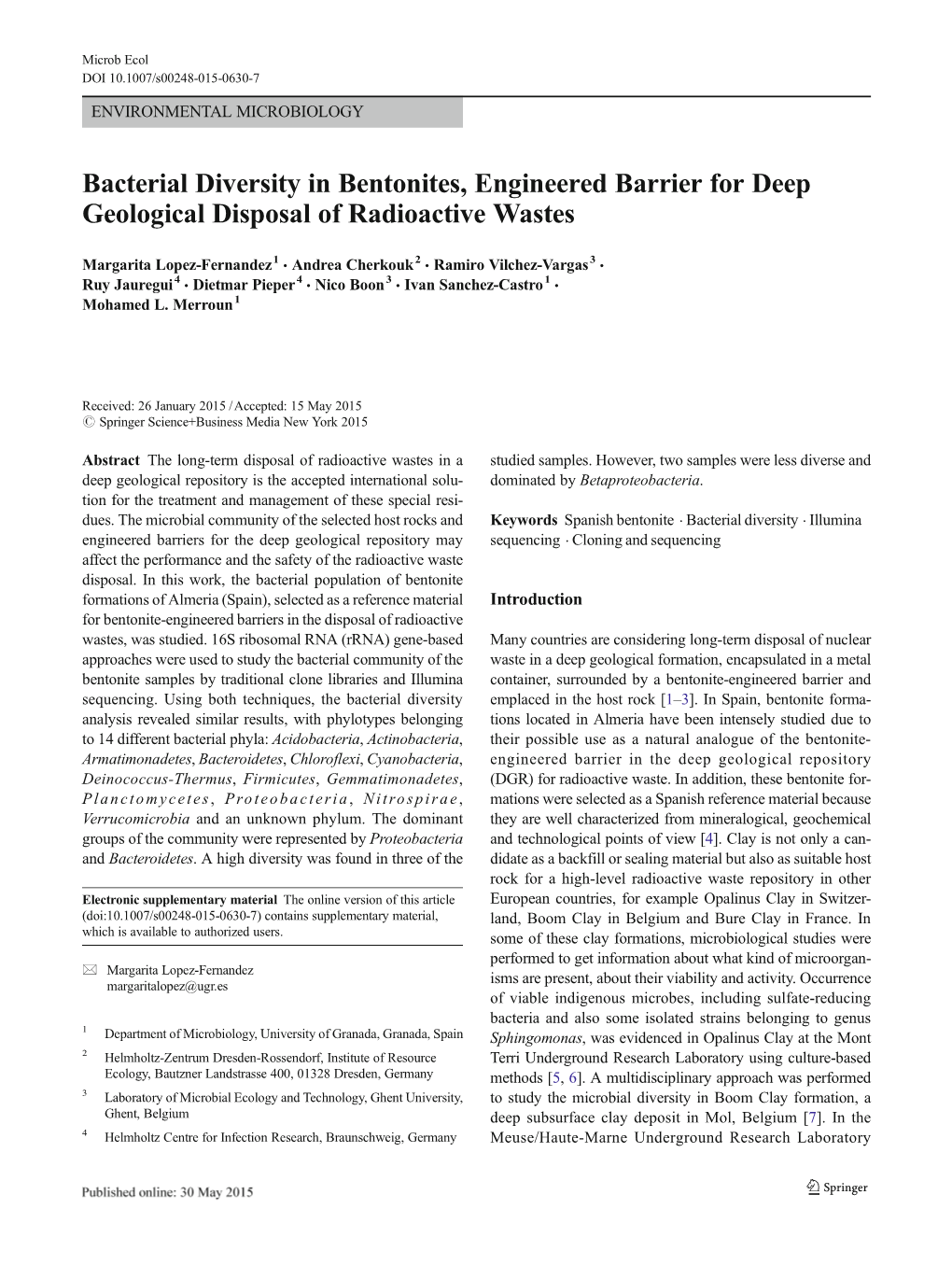 Bacterial Diversity in Bentonites, Engineered Barrier for Deep Geological Disposal of Radioactive Wastes