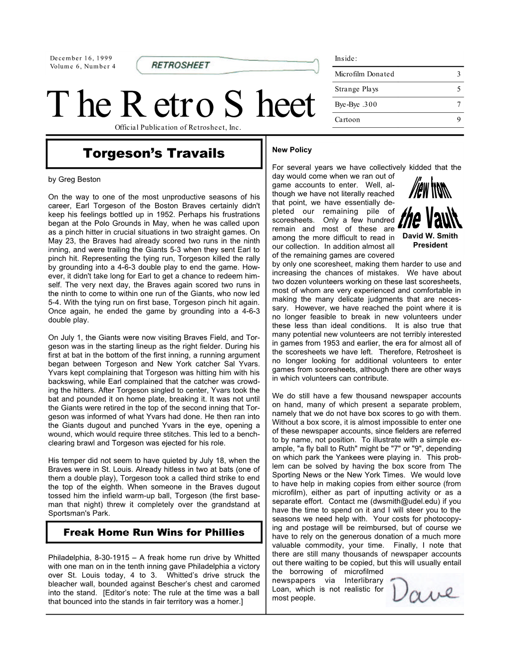 The Retro Sheet Cartoon 9 Official Publication of Retrosheet, Inc