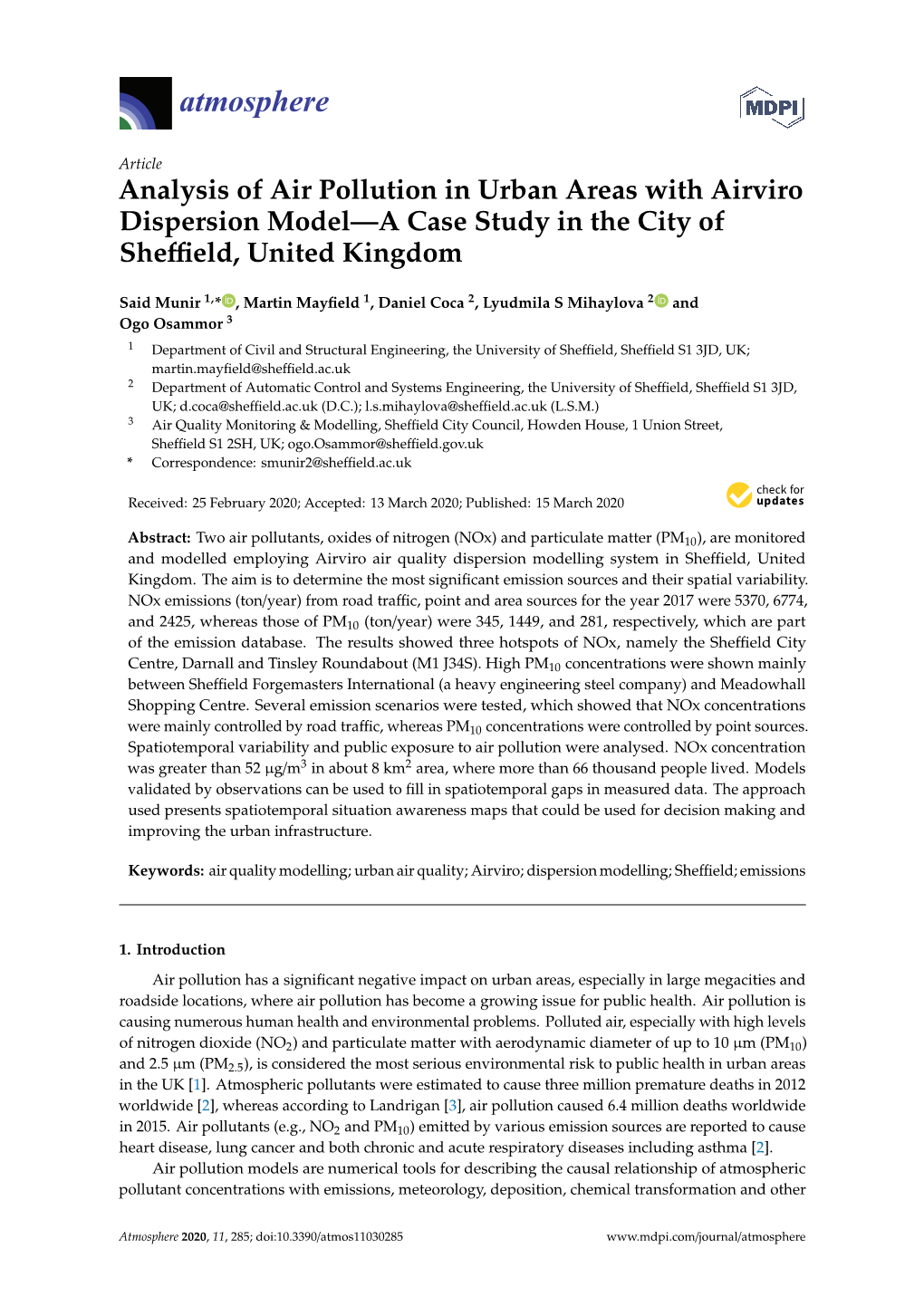 Analysis of Air Pollution in Urban Areas with Airviro Dispersion Model—A Case Study in the City of Sheﬃeld, United Kingdom