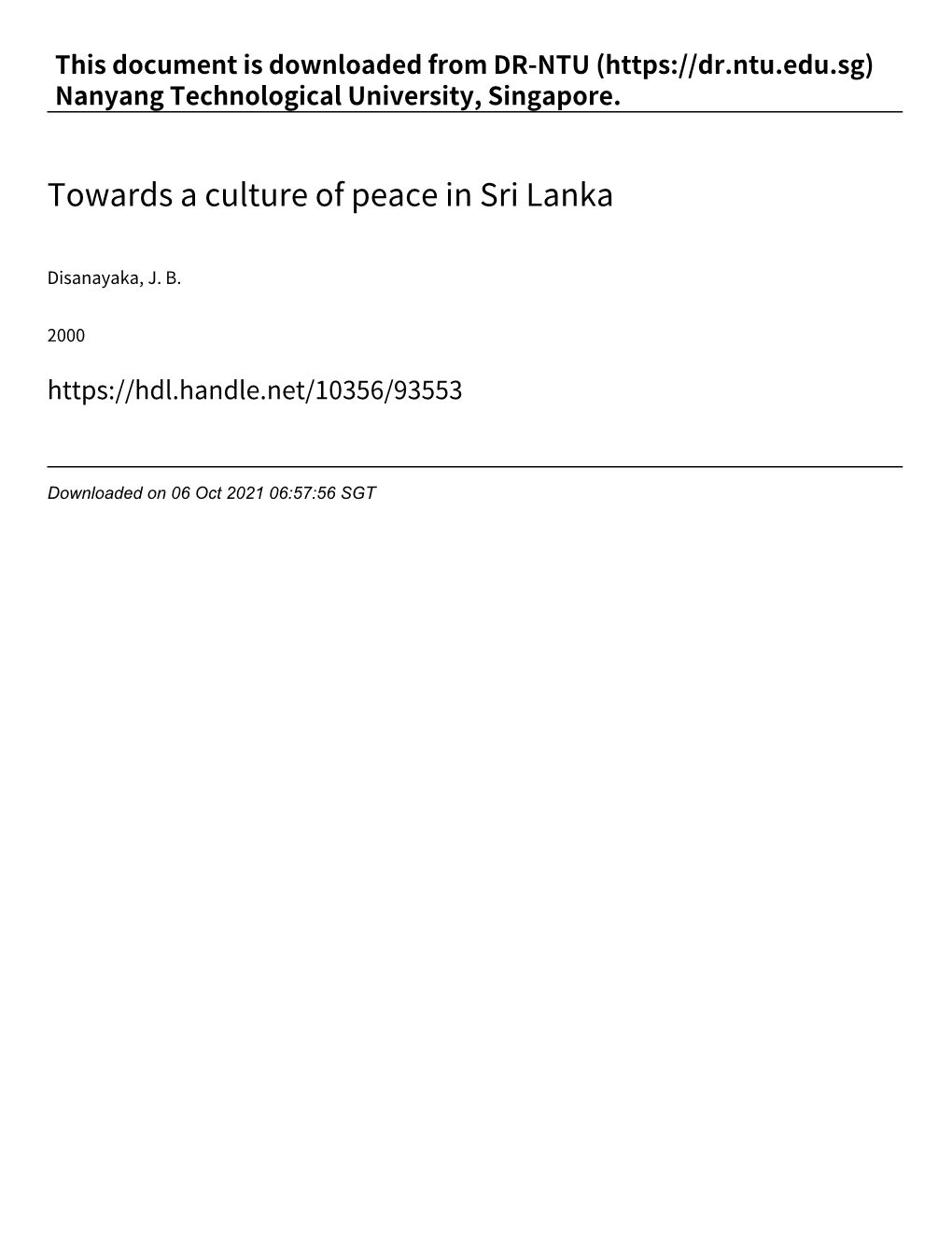 Towards a Culture of Peace in Sri Lanka
