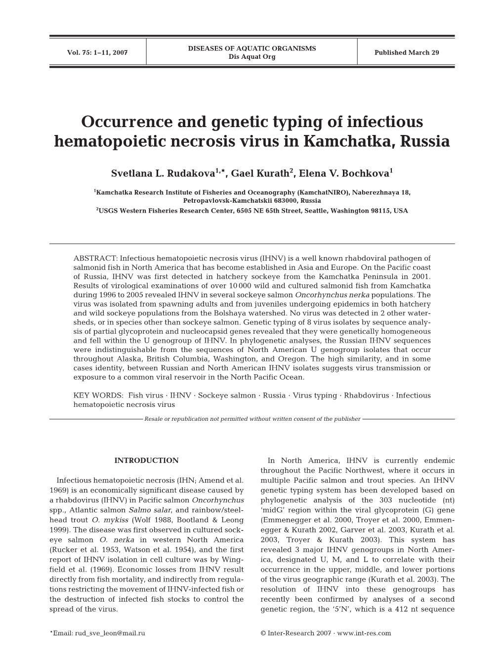 Occurrence and Genetic Typing of Infectious Hematopoietic Necrosis Virus in Kamchatka, Russia