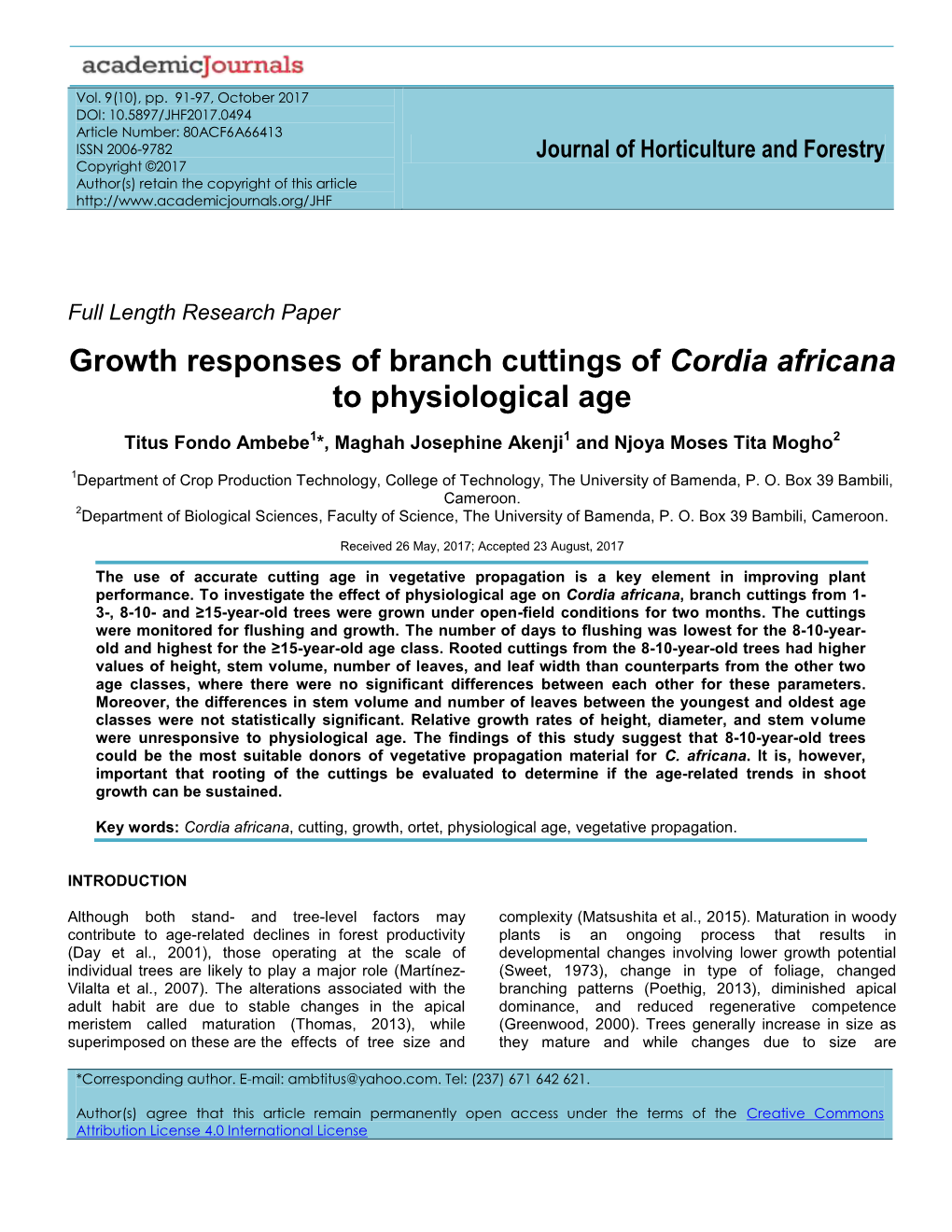 Growth Responses of Branch Cuttings of Cordia Africana to Physiological Age