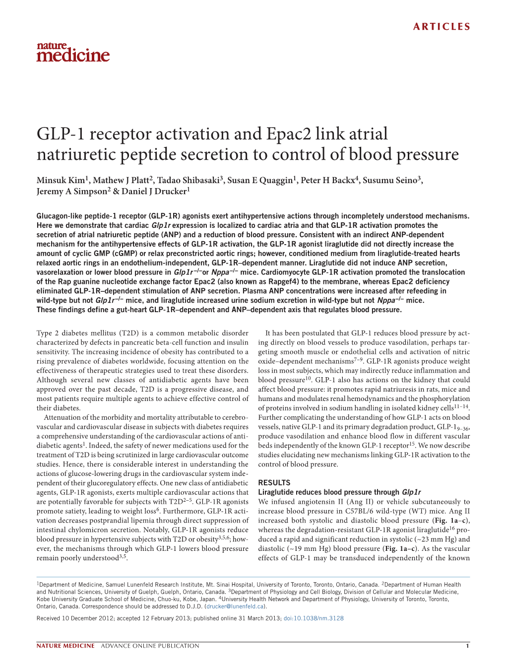 GLP-1 Receptor Activation and Epac2 Link Atrial Natriuretic Peptide Secretion to Control of Blood Pressure