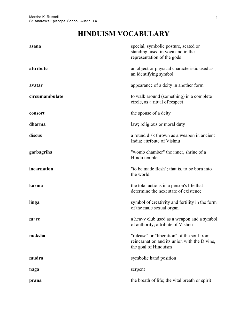 Hinduism Vocabulary