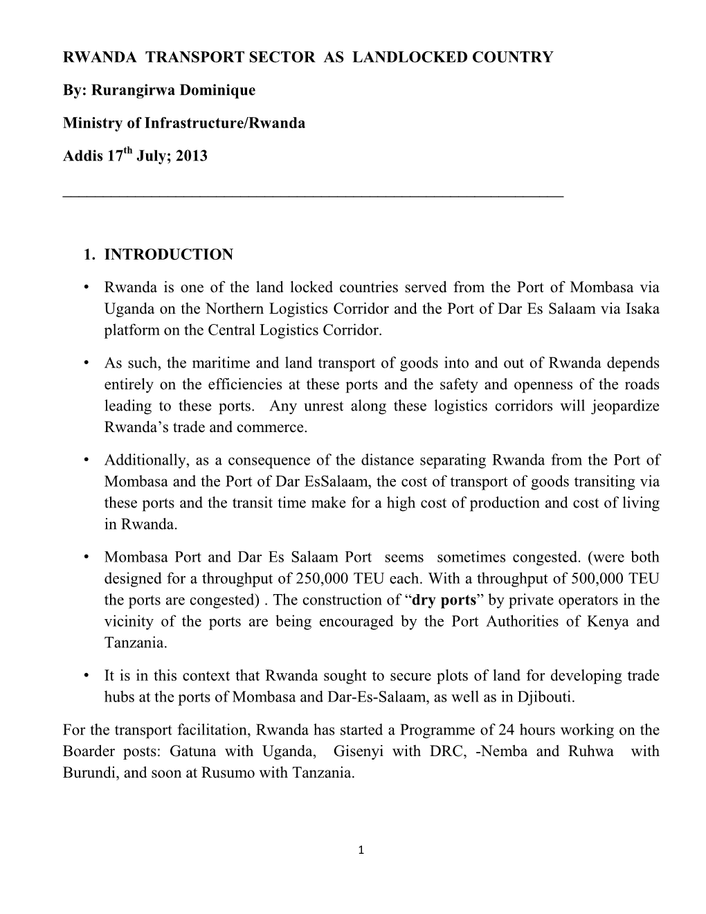 RWANDA TRANSPORT SECTOR AS LANDLOCKED COUNTRY By