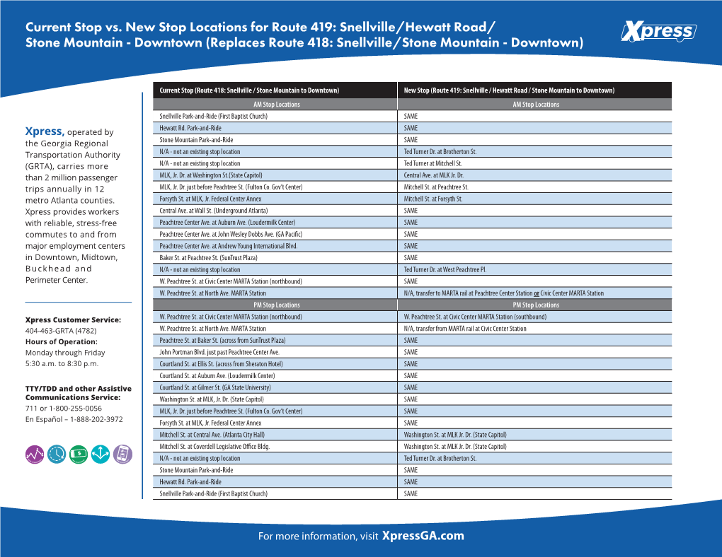 Current Stop Vs. New Stop Locations for Route 419: Snellville/Hewatt Road/ Stone Mountain - Downtown (Replaces Route 418: Snellville/Stone Mountain - Downtown)
