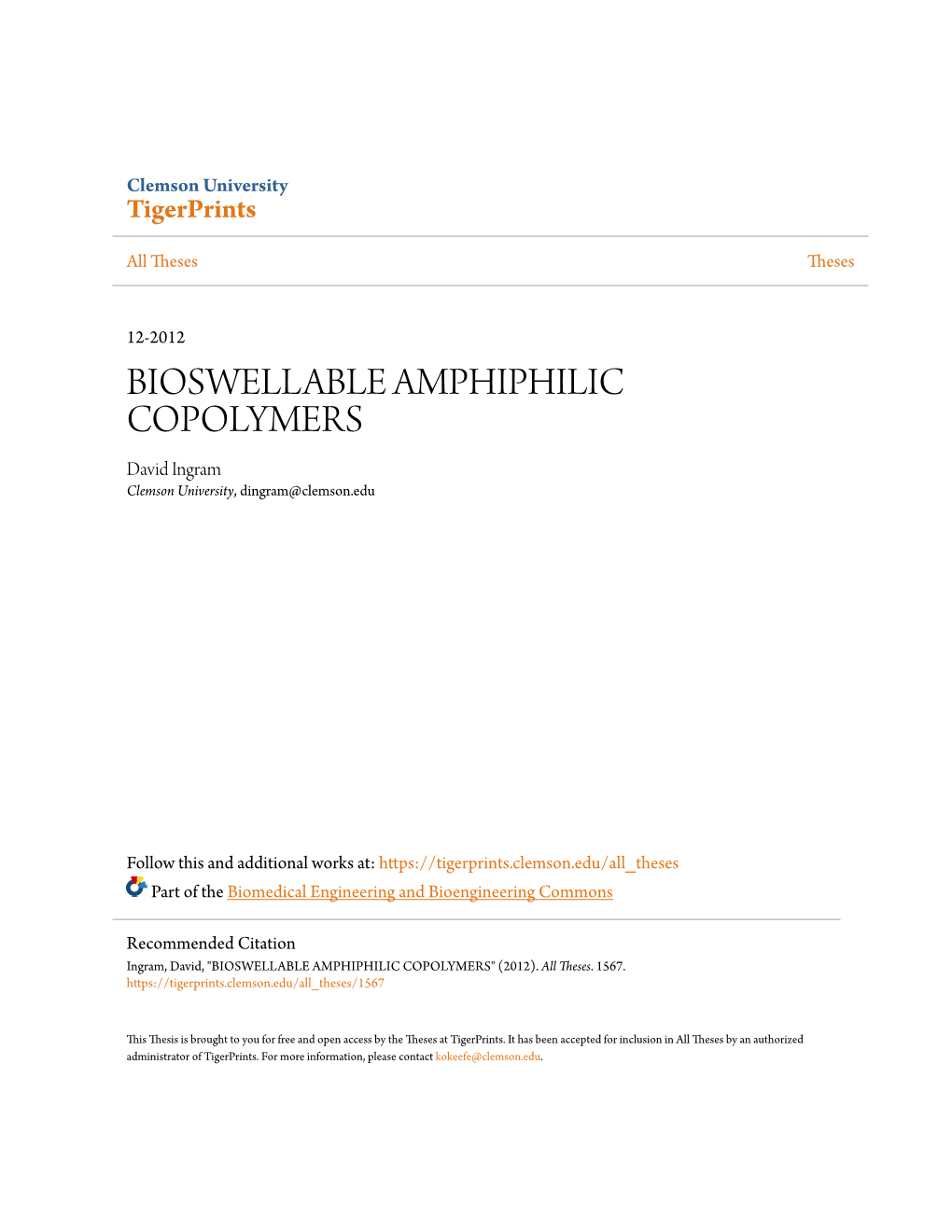 BIOSWELLABLE AMPHIPHILIC COPOLYMERS David Ingram Clemson University, Dingram@Clemson.Edu