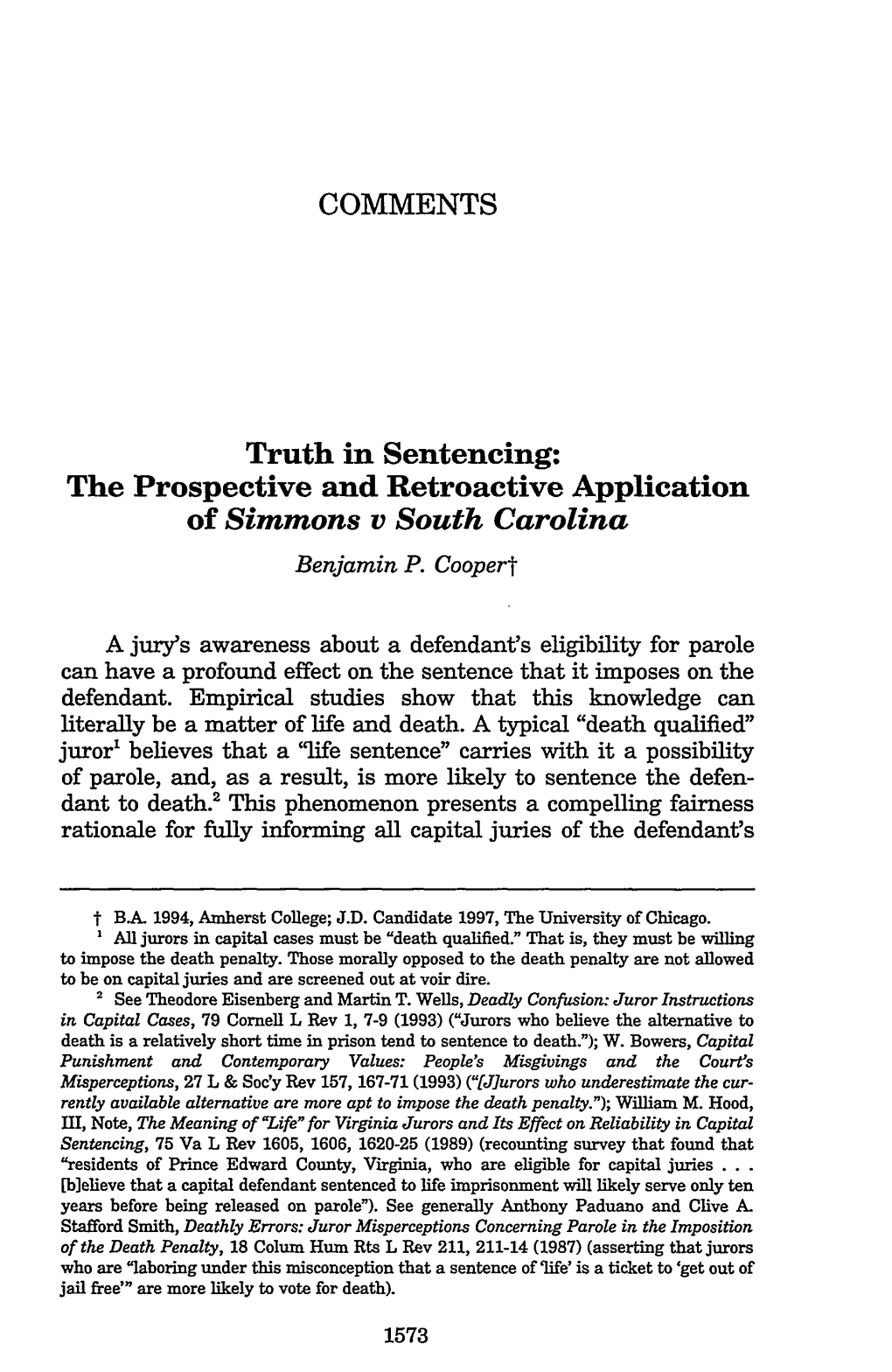Truth in Sentencing: the Prospective and Retroactive Application of Simmons V South Carolina Benjamin P