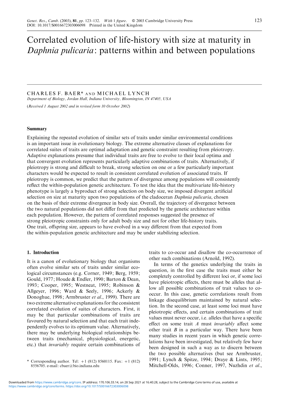 Correlated Evolution of Life-History with Size at Maturity in Daphnia Pulicaria: Patterns Within and Between Populations