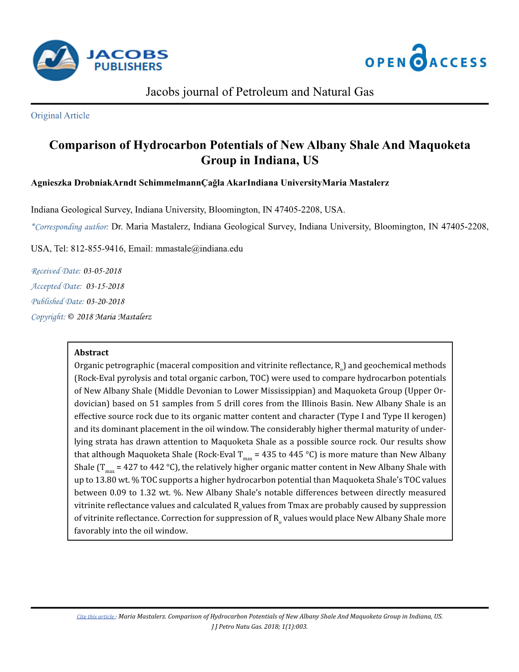 Comparison of Hydrocarbon Potentials of New Albany Shale and Maquoketa Group in Indiana, US