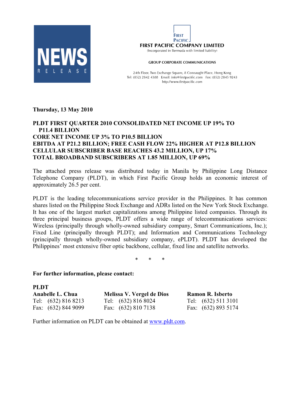 Thursday, 13 May 2010 PLDT FIRST QUARTER 2010 CONSOLIDATED